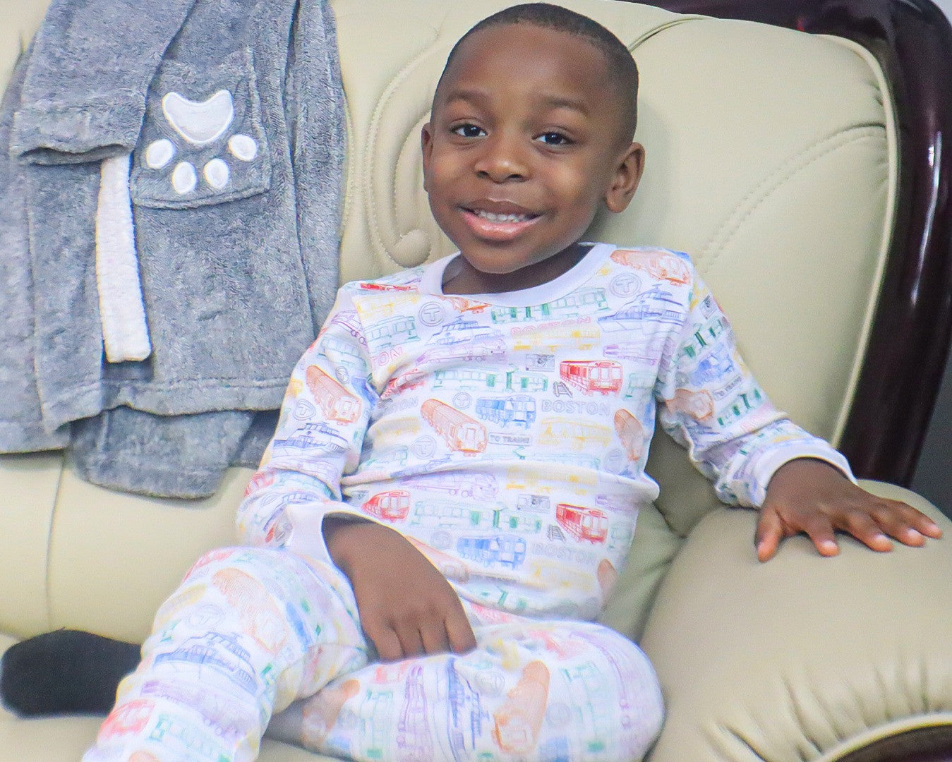 Toddler Boy wearing mbta pajamas